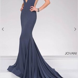 Jovani Gunmetal Plunge Neck Gown